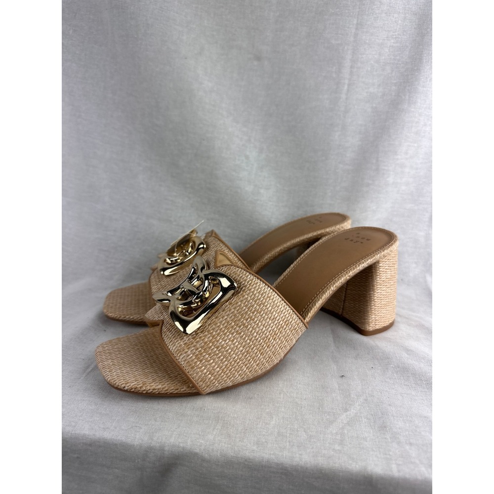 A New Day Arden Woven Block Heel Mules Tan Gold‎ Buckle Sandals 11 New